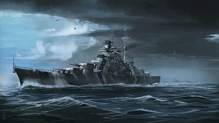 ren descartes fantasy art ship ocean battle atlantic ocean clouds battleship airplane storm bismarck ship