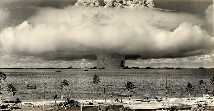 grayscale photo of explosion mushroom, nuclear, sepia, palm trees, HD wallpaper