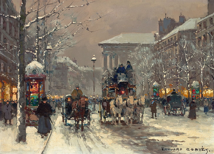 two person riding chariot painting, winter, Paris, winter scene in Paris 1930's