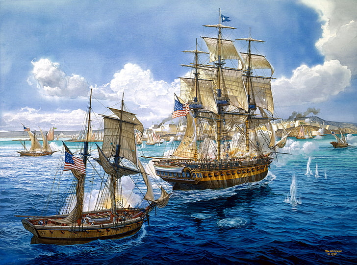 sailboats painting, ships, battle, art, artist, Navy, sea, shots, HD wallpaper