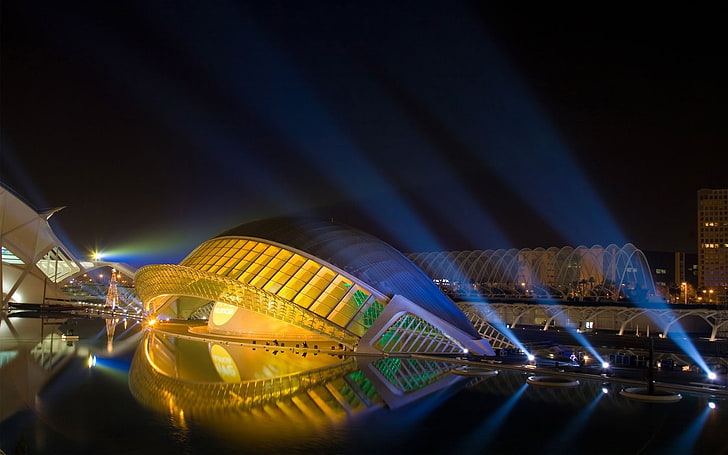 gray dome building landmark, valencia, Spain, night, architecture, HD wallpaper