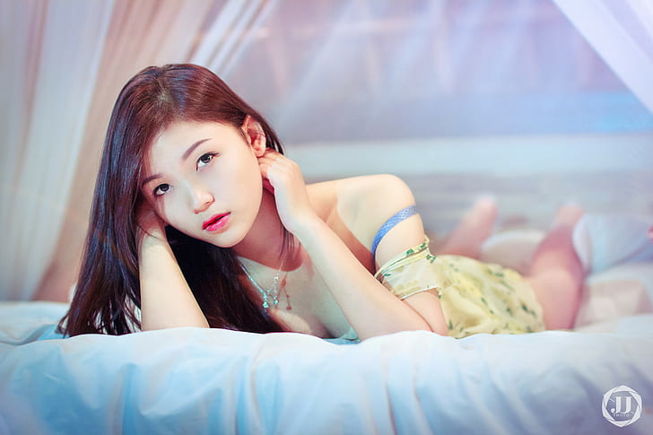 Asian, portrait, women, bed, HD wallpaper