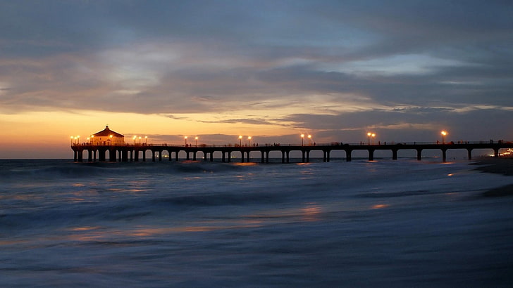 landscape, sunset, sea, coast, pier, street light, dusk, water, HD wallpaper