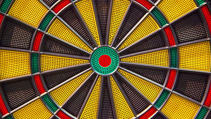 yellow and brown dartboard, sports, darts, circle, symmetry, colorful, HD wallpaper
