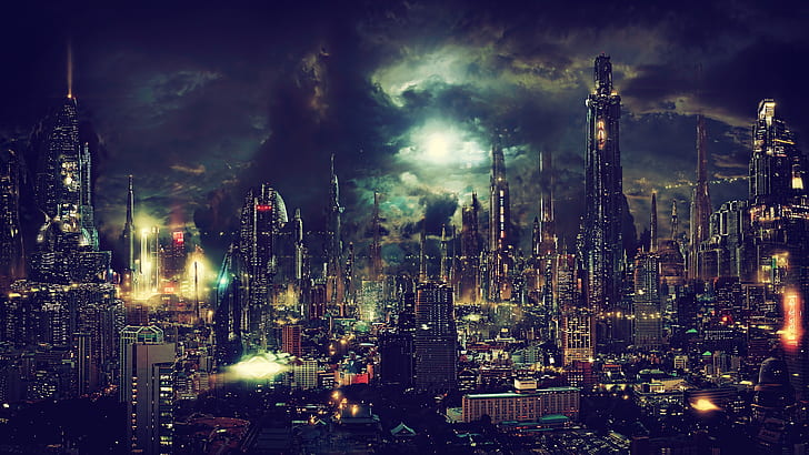 night, futuristic city, cyberpunk, fantasy art, cityscape, artwork