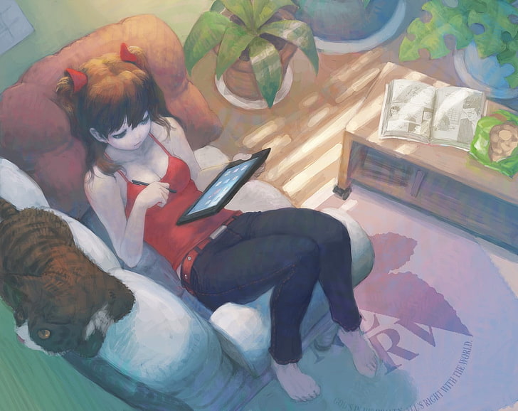 tablet, cat, chair, room, anime girls, books, Asuka Langley Soryu, HD wallpaper