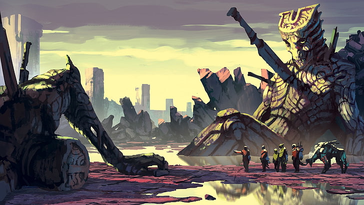 titan illustration, giant, weapon, exploration, water, ruin, fantasy art