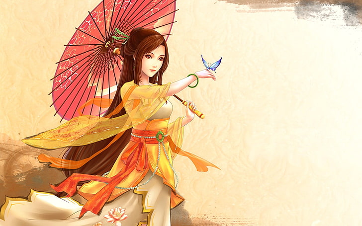anime girls, umbrella, butterfly, digital art, clothing, traditional clothing, HD wallpaper