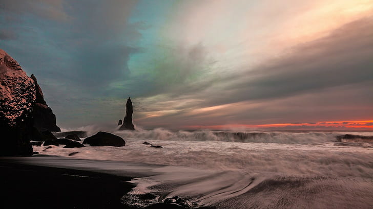 Iceland, sky, coast, rocks, waves, sea