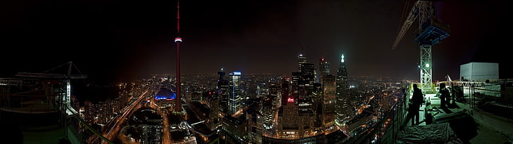 black concrete city buildings, cityscape, Toronto, night, panorama, HD wallpaper