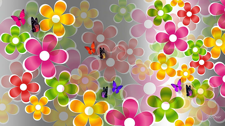 Summer Collage, papillon, layers, bright, fleurs, colors, flowers, HD wallpaper