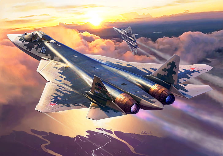 artwork, military, aircraft, military aircraft, SU-57, HD wallpaper