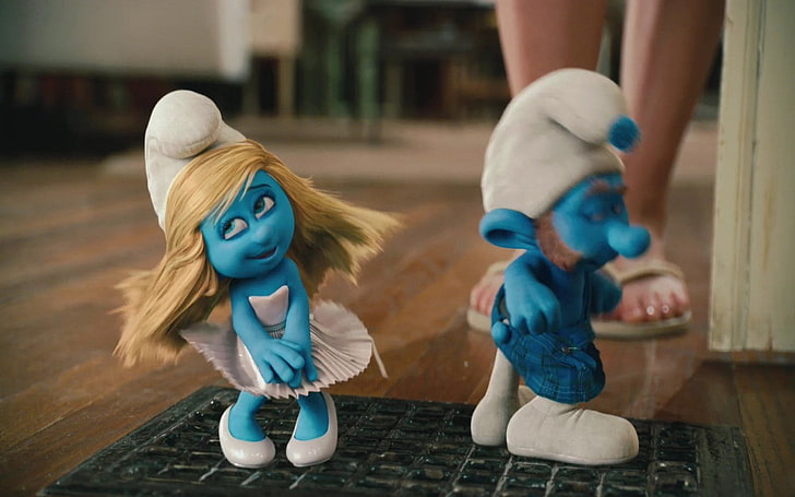 movie, smurfs, stills, two people, costume, toy, focus on foreground