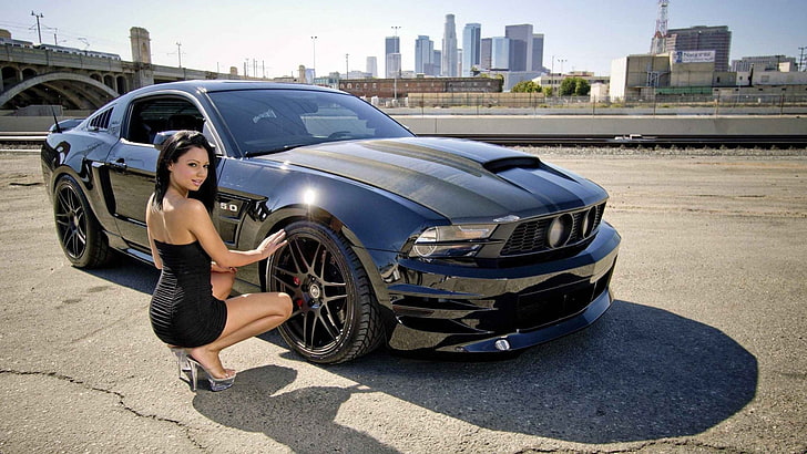 gray muscle car, women with cars, Mustang gt350r, full length, HD wallpaper