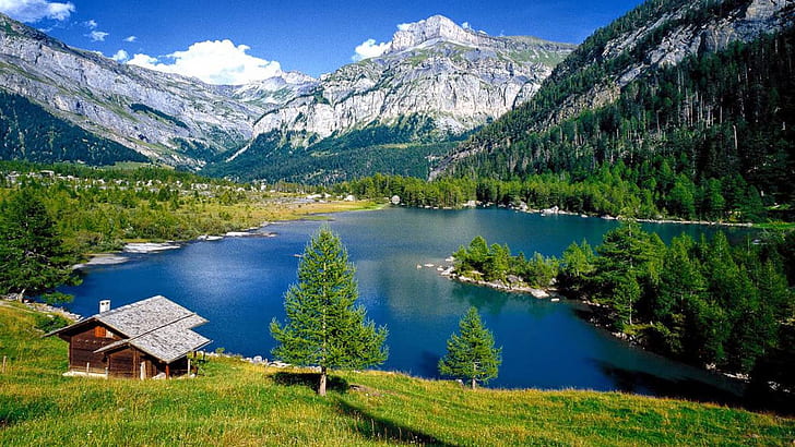 Rocky Mountains Forest With Pine Trees Lake With Turquoise Blue Water Wooden House On Green Meadow Coast Switzerland Landscape Wallpaper Hd, HD wallpaper