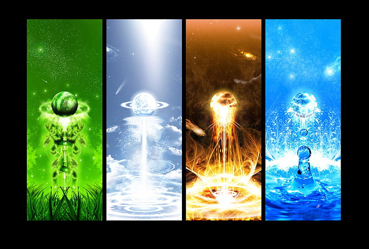 collage, four elements, nature, fire, water, air, Earth