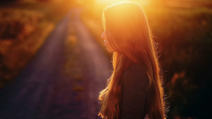 Girl, beautiful pictures and waist long hair, the sun, the road, beautiful mood, woman's gray long sleeve top