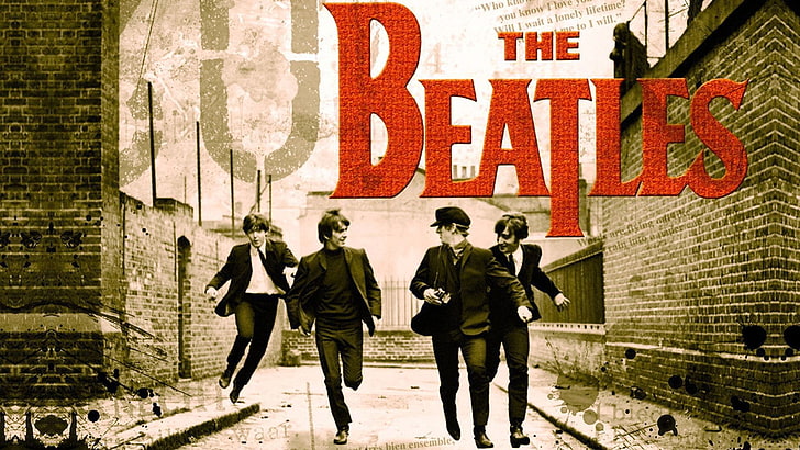 The Beatles, full length, building exterior, architecture, text
