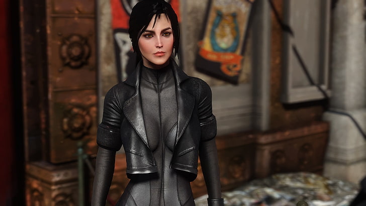 female game character in black suit, video games, Fallout 4, women