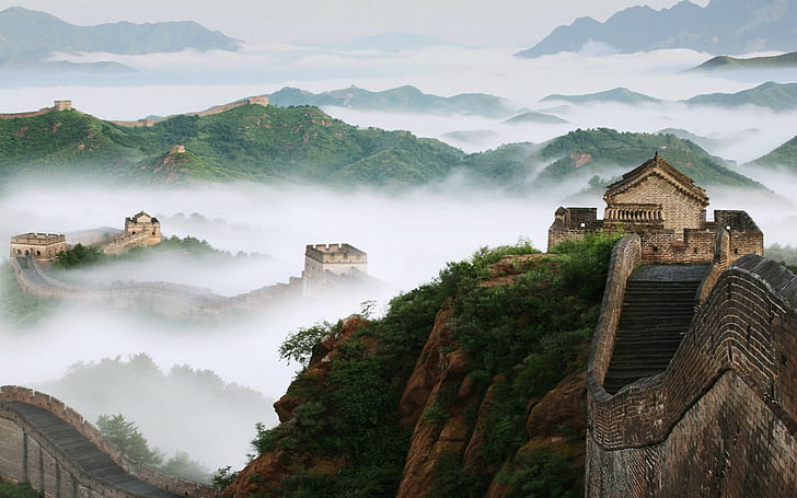 tower, stairs, hills, forest, mist, Great Wall of China, nature