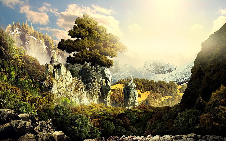 tree on white mountain artwork, landscape, forest, mountains, HD wallpaper