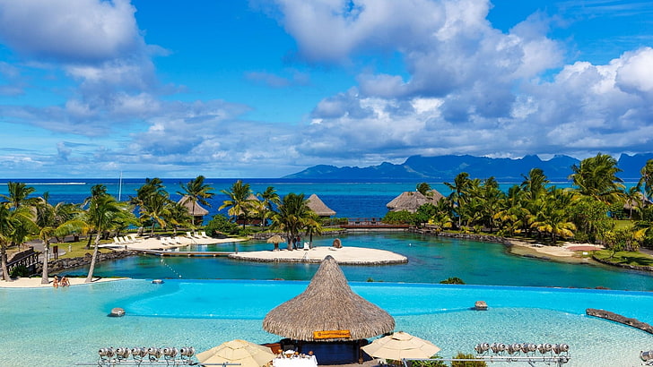 nipa hut, landscape, nature, tropical, resort, Tahiti, French Polynesia