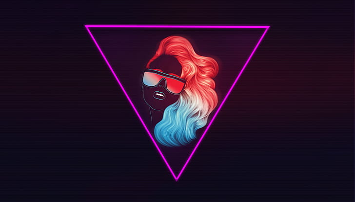 Girl, Music, Neon, Glasses, Background, Triangle, 80s, 80's