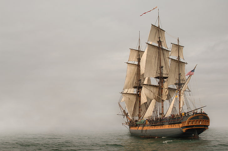 brown and blue galleon ship, sea, fog, sailboat, frigate, nautical Vessel