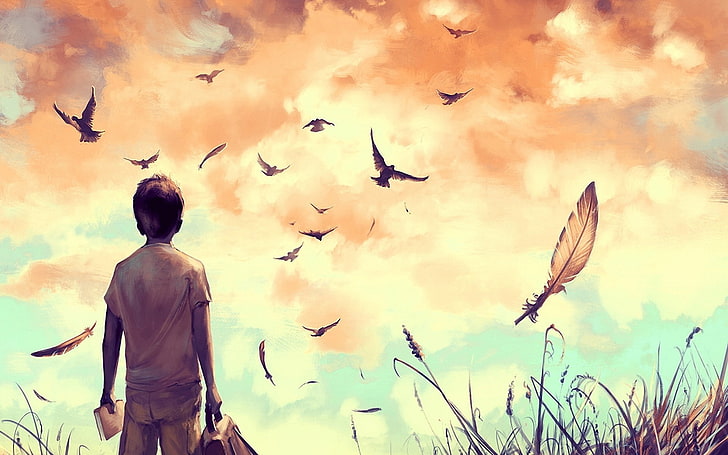 boy looking at the birds in the sky illustration, AquaSixio, children, HD wallpaper