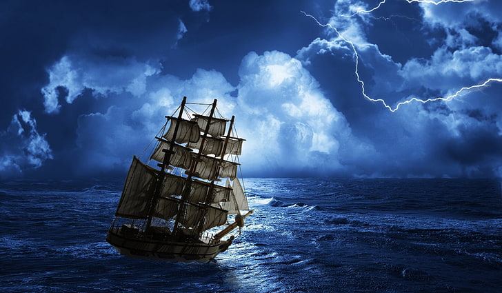 white galleon ship, sea, clouds, landscape, nature, night, thunder, HD wallpaper