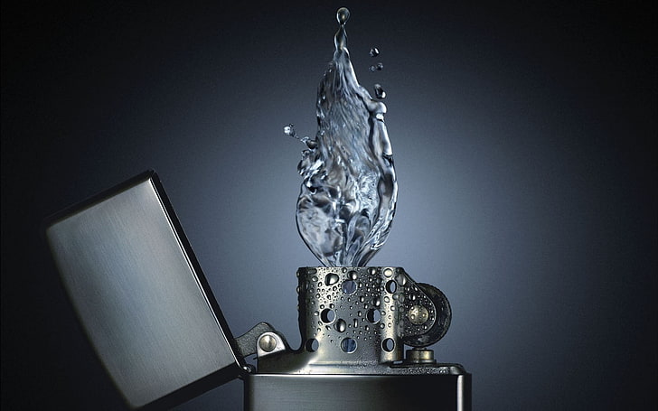 silver-colored table lamp, water, zippo, indoors, no people, close-up
