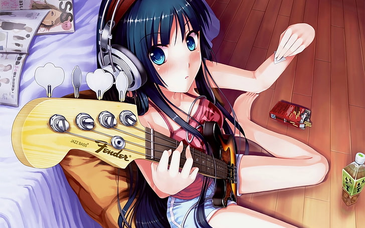 female anime character holding Fender guitar digital wallpaper, HD wallpaper