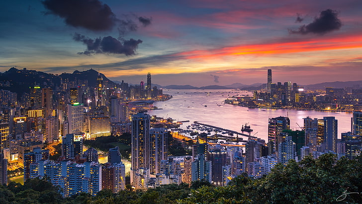 Hong Kong City In China Skyscrapers Buildings Sunset View From Braemar Hill In The South Of Hong Kong Hd Wallpaper 2880×1620, HD wallpaper