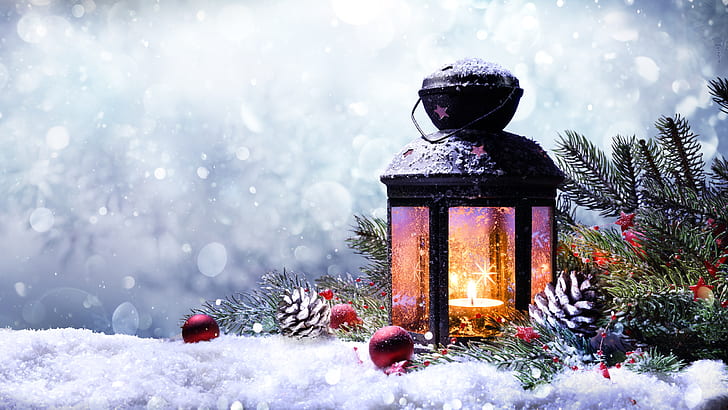 Holiday, Christmas, Lantern, Pine Cone, Snow, HD wallpaper