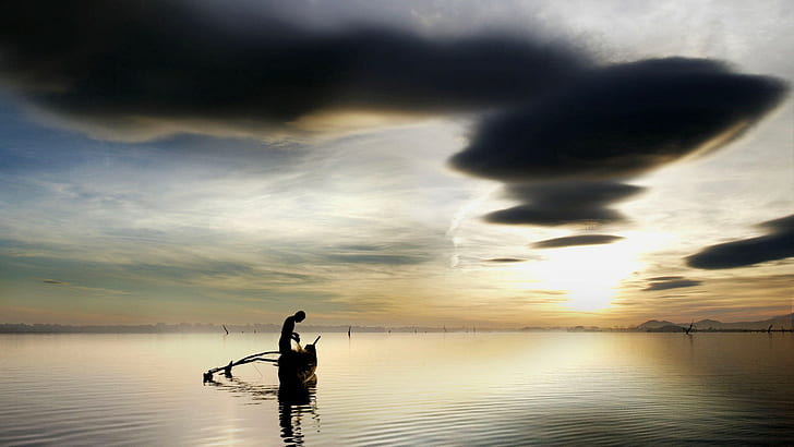 boat, fisherman, sky, clouds, HD wallpaper