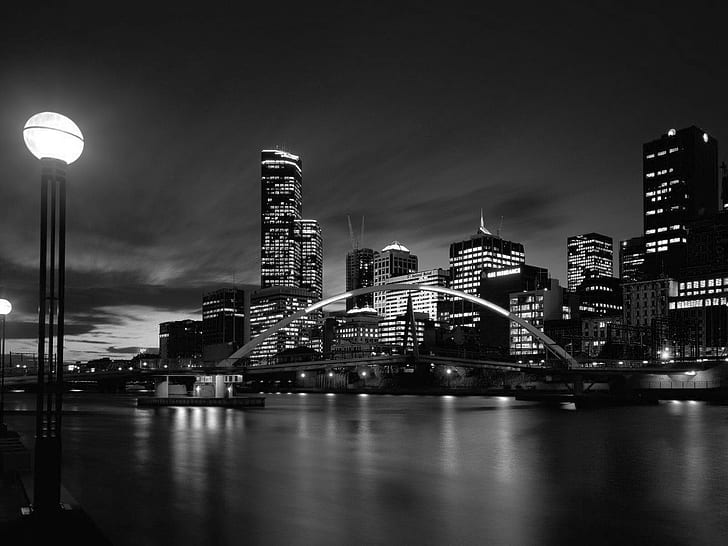 town, lights, black, white, water, river, reflection, Australia, HD wallpaper