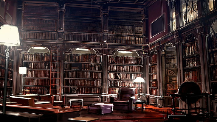 biblioteca, disea, estanterias, interior, libros, muebles