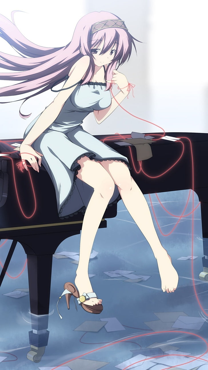 anime girl character wearing grey dress sitting on piano illustration