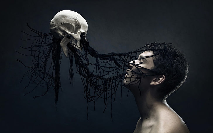 gray skull and man's face, men, digital art, fantasy art, death