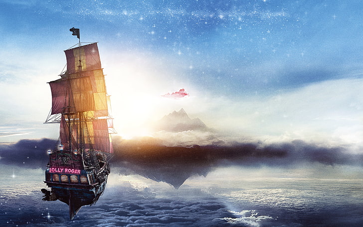 sea, the sky, clouds, ship, fantasy, pirates, Jolly Roger, adventure