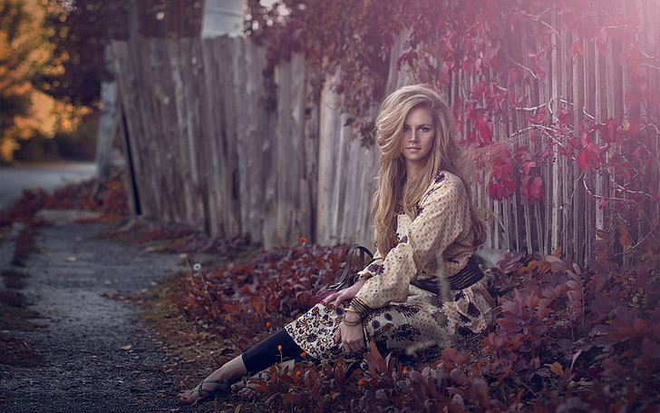women's brown long-sleeved shirt, blonde, leaves, fall, fence