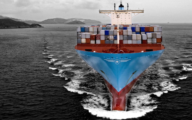 blue and red cruise ship, container ship, sea, Maersk, waves