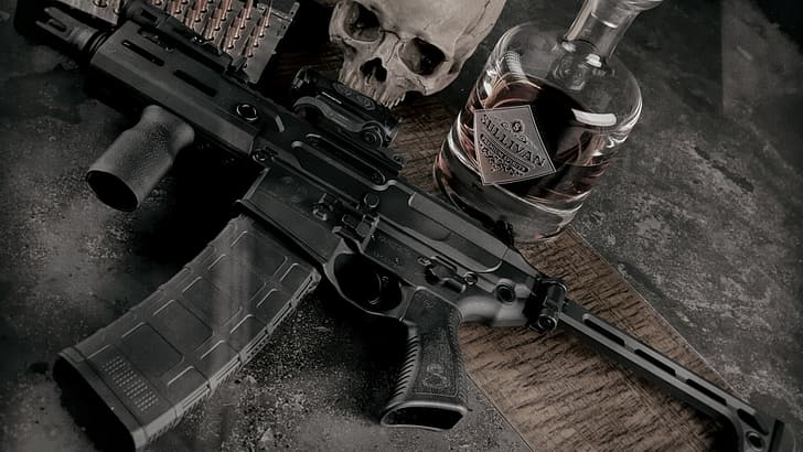 weapons, skull, bottle, sake, rifle, custom, M16, ar-15, assault Rifle, HD wallpaper