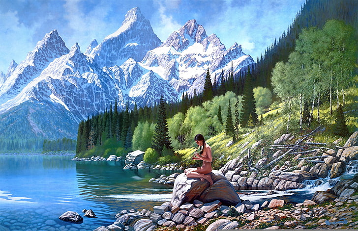 woman sitting on rock near body of water in distant of mountain alps painting