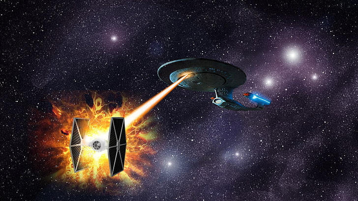 Star Trek USS Enterprise and Star Wars Tie Fighter illustration, HD wallpaper