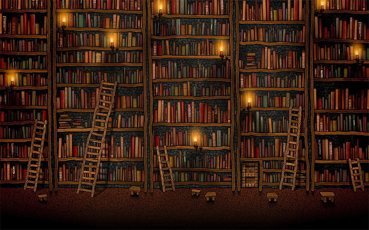 shelves, books, library, candles, ladders, Vladstudio