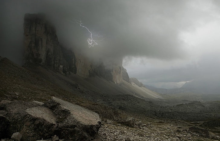 nature, landscape, lightning, storm, Dolomites (mountains)