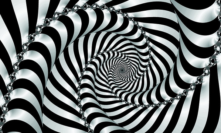 white and black spiral optical illusion, spinning, dipping, two-color