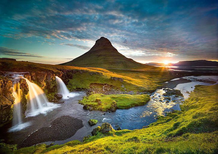 cascading waterfalls, the sun, river, mountain, morning, Iceland, HD wallpaper