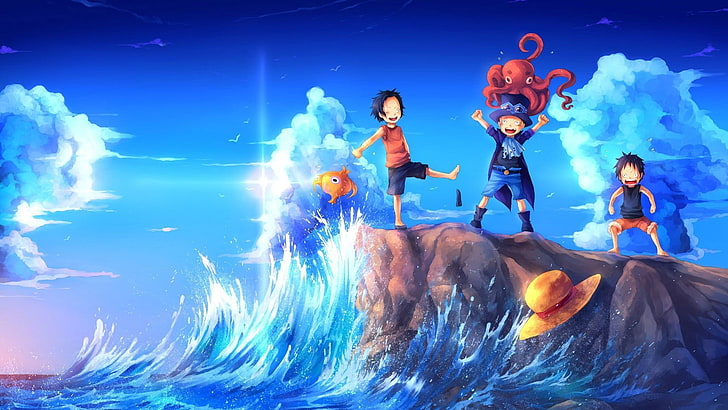 children, clouds, Monkey D. Luffy, One Piece, Portgas D. Ace, HD wallpaper